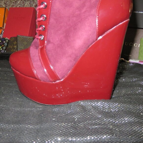 Dolls Kill Suede & Patent Leather Platform Boot Wedges Pink & Red NWT size 7 - Picture 1 of 14